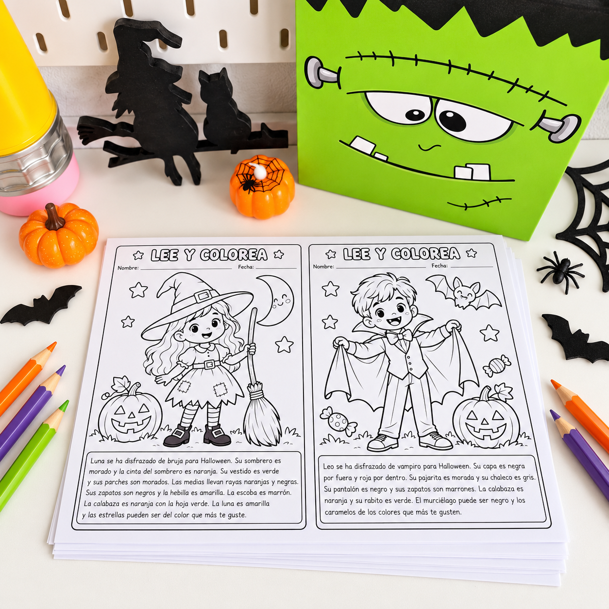 Comprensión lectora de Halloween – 16 fichas Lee y colorea